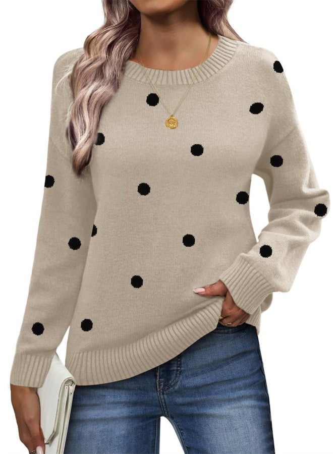 zeagoo Fall Sweaters for Women 2025 Long Sleeve Crewneck Ribbed Knit Pullover Sweater Loose Fit Basic Jumper Tops, A Polka Dot-khaki, S - Image 2