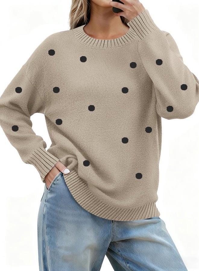 zeagoo Fall Sweaters for Women 2025 Long Sleeve Crewneck Ribbed Knit Pullover Sweater Loose Fit Basic Jumper Tops, A Polka Dot-khaki, S - Image 1