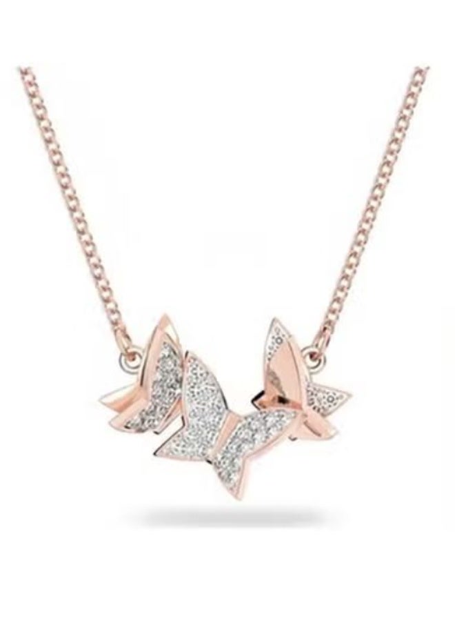 Swan Rose Gold-Tone Crystal Double Butterfly Pendant Necklace