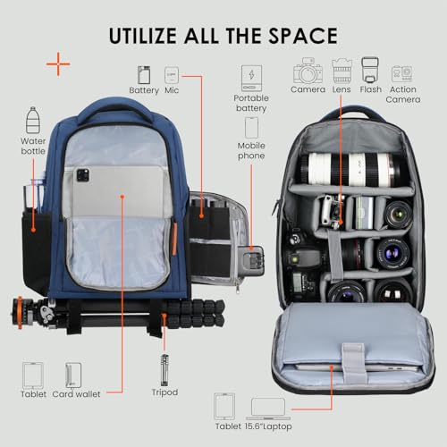 TARION Large Camera Backpacks for Photographers - Waterproof Camera Bag Photography backpack with 15.6" Laptop Compartment Rain Cover Side Access Tripod Holder(TB04 Blue) - Image 2