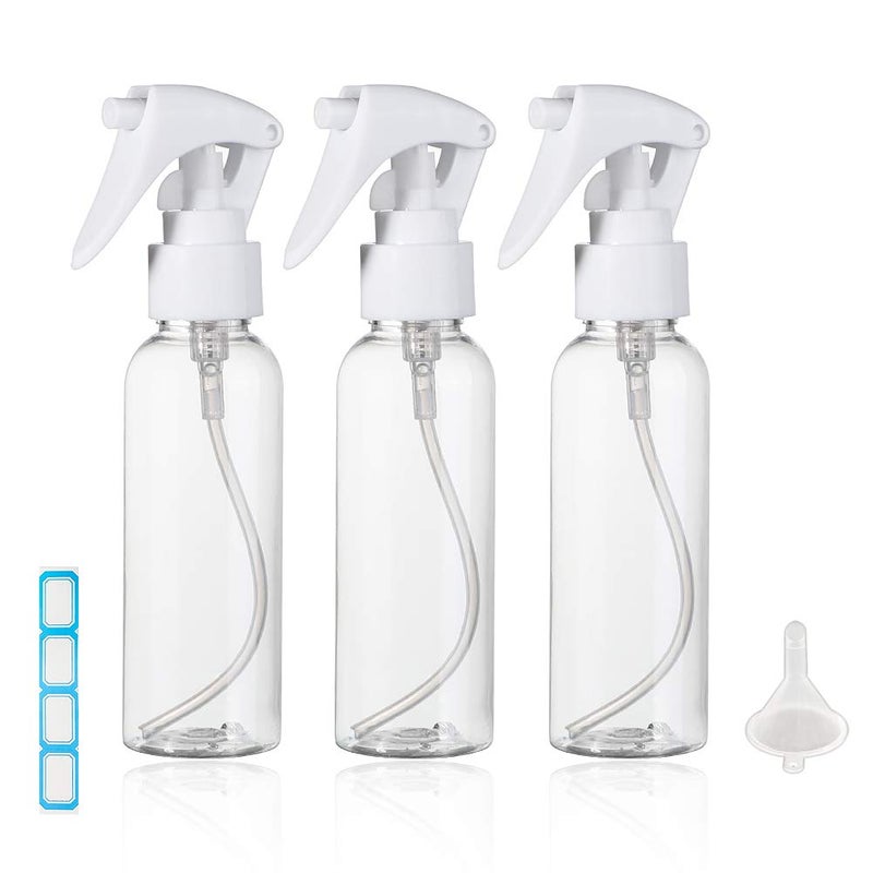TANCANO Travel Size Spray Bottle  3.4Oz/100Ml Plastic Fine Mist Spray Bottle Set  Refillable Liquid Containers  3Pcs Clear Trigger Sprayer With Funnel And Labels For Styling Kitchen Home Office Cleaning - Image 1