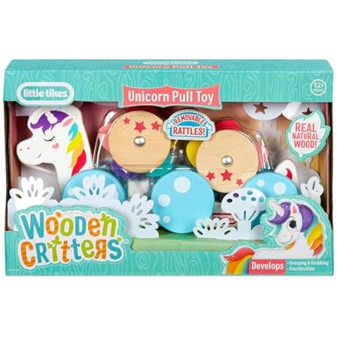 WOODEN CRITTERS PULL TOY - WITH 2 REMOVABLE CARGO PIECES - DEVELOPS GROSS MOTOR SKILLS & COORDINATION - UNICORN - Image 1
