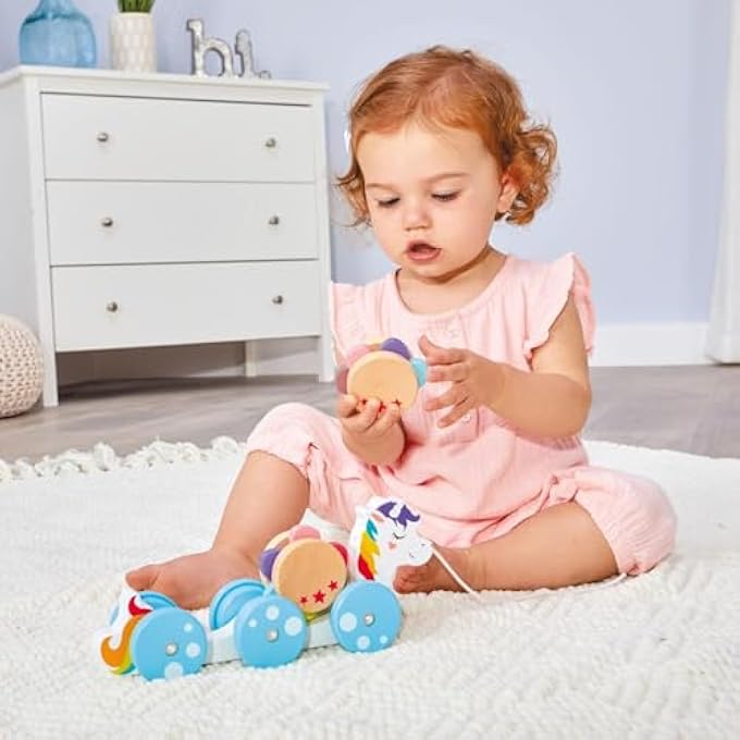 WOODEN CRITTERS PULL TOY - WITH 2 REMOVABLE CARGO PIECES - DEVELOPS GROSS MOTOR SKILLS & COORDINATION - UNICORN - Image 3