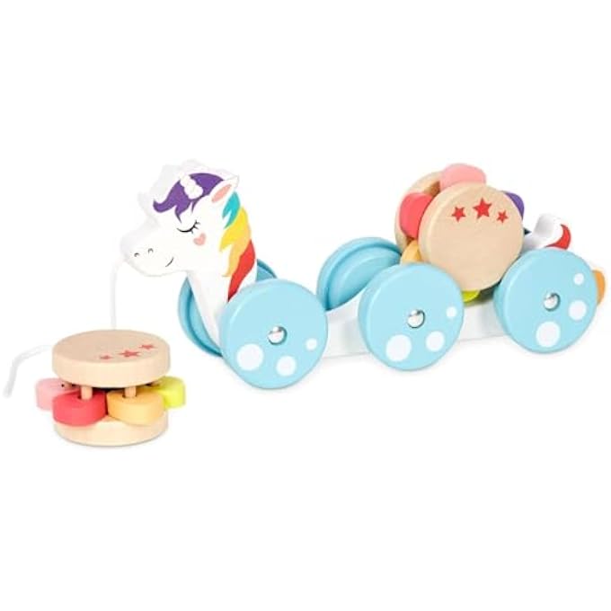 WOODEN CRITTERS PULL TOY - WITH 2 REMOVABLE CARGO PIECES - DEVELOPS GROSS MOTOR SKILLS & COORDINATION - UNICORN - Image 2