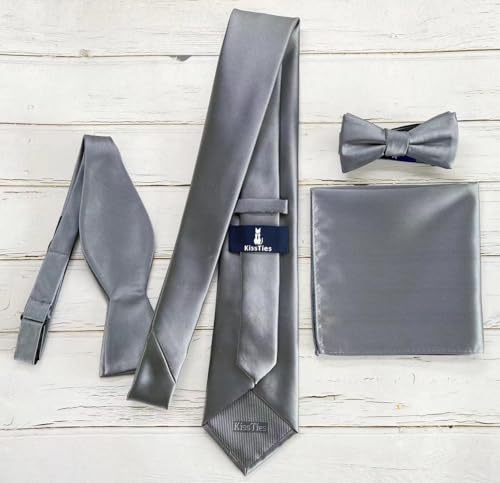 KissTies Mens Sage Grey Necktie Gray Solid Satin Tie + Gift Box - Image 2