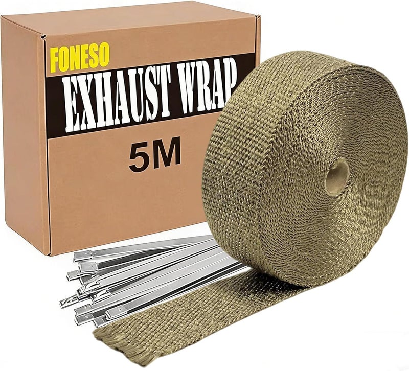 Foneso Exhaust Heat Wrap, 5M Titanium Exhaust Muffler Tape Fiberglass Heat Shield Header Wrap for Car Motorcycle Pipes with 10 Pcs Stainless Steel Ties Multi-use upgraded craftsmanship - Image 1