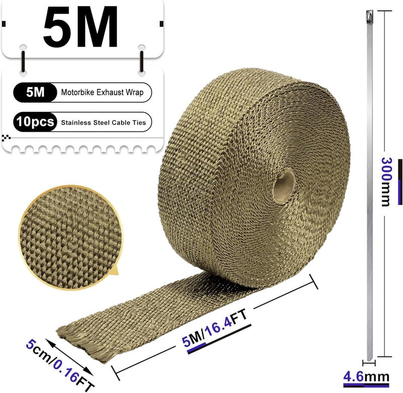 Foneso Exhaust Heat Wrap, 5M Titanium Exhaust Muffler Tape Fiberglass Heat Shield Header Wrap for Car Motorcycle Pipes with 10 Pcs Stainless Steel Ties Multi-use upgraded craftsmanship - Image 2