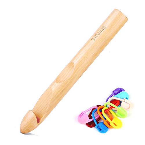 Dercuy Wooden Crochet Hooks, 30mm Wooden Handle Crochet Hook Bamboo Knitting Crochet Needles with 10 pcs Knitting Stitch Markers for Handcraft Crocheting - Image 1