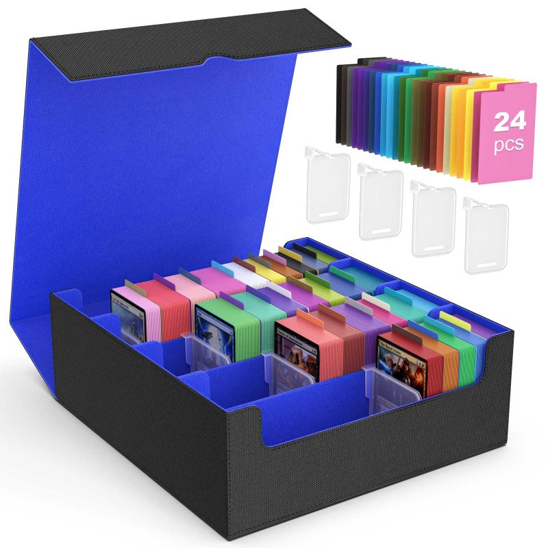 MoKo Trading Card Storage Box, 3000+ MTG Deck Box with 24 Colorful Dividers & 4 Card Supporters, Commander Card Deck Case Fits for Magic Game Cards, YugiOh, TCG, PTG and Sport Cards, Black Blue - Image 1