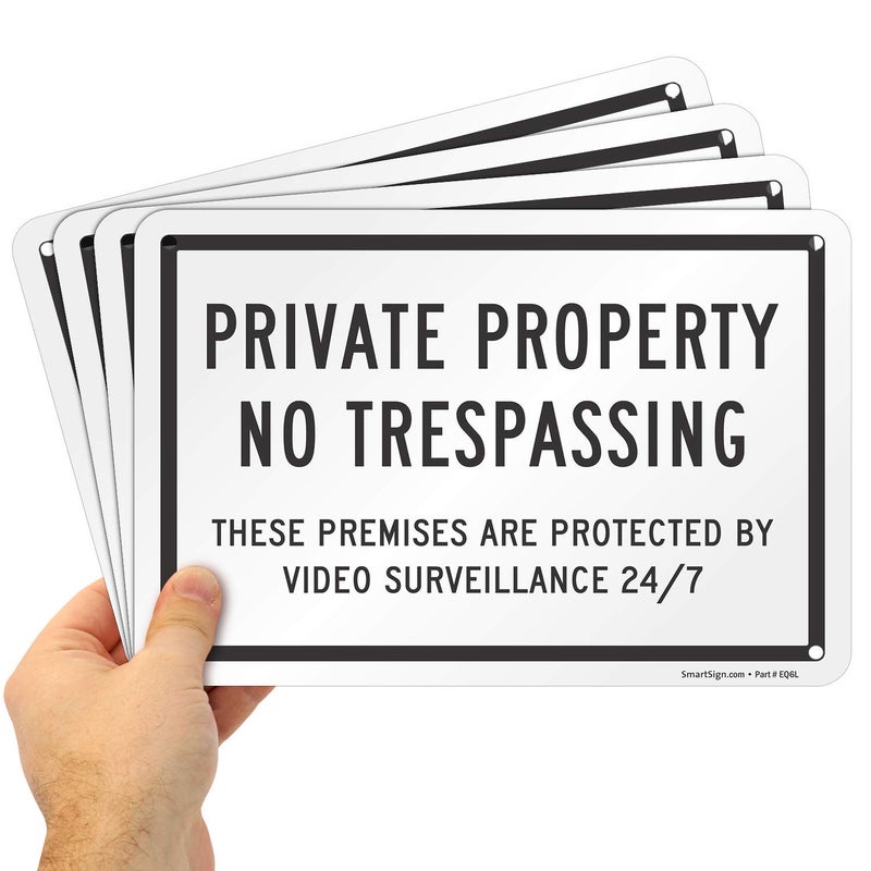 SmartSign Private Property No Trespassing Sign (Pack of 4), Protected By Video Surveillance Sign, 7 x 10 Inches, 40 Mil Laminated Rustproof Aluminum, Pre-drilled Holes, Black and White, Made in USA - Image 1