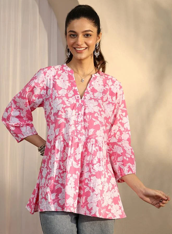 Libas Pink Printed Cotton A-Line Kurti