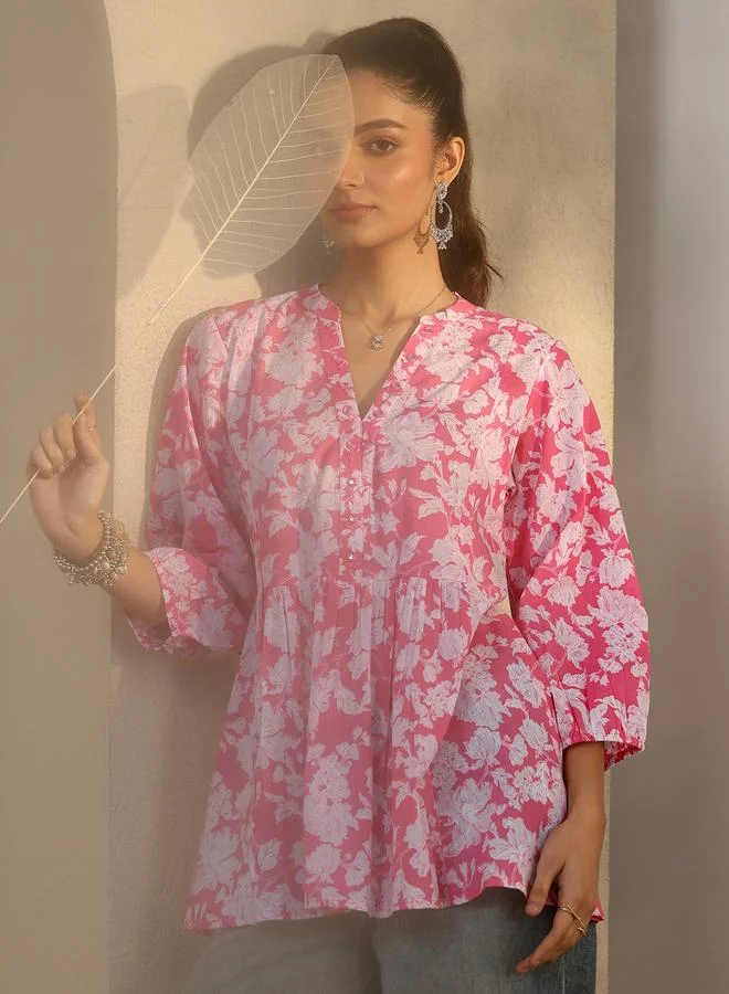 Libas Pink Printed Cotton A-Line Kurti