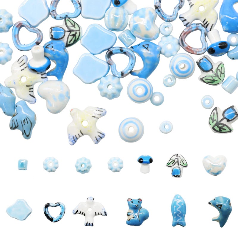 Decoendiy 50pcs Ceramic Flower Animal Shaped Beads Heart Star Shapes Handmade Porcelain Painted Loose Spacer Beads for Jewelry Making DIY Crafts