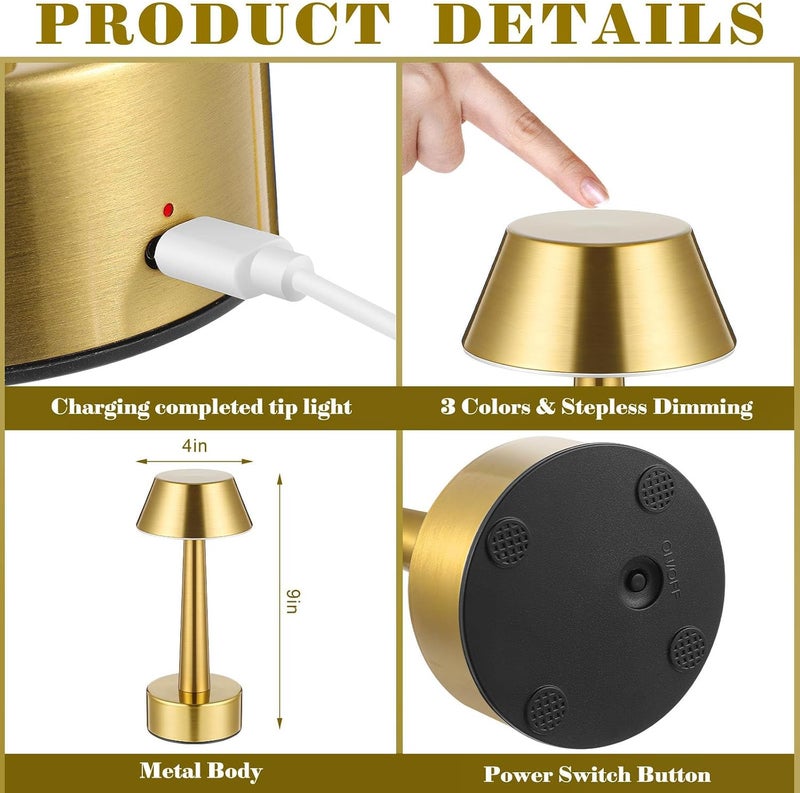 Rossesay 2 Pcs Rechargeable Cordless Small Table Lamp with Touch Sensor Portable Battery Operated Lamp 3 Color Stepless Dimming Gold LED Bedside Night Light for Kids Nursery Bedroom Restaurant Patio - Image 2