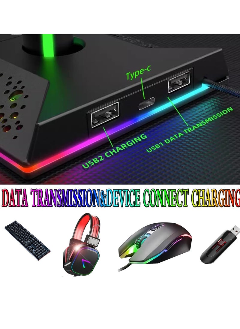 Excefore - RGB Headphone Stand and Gaming Controller Holder, Desk Headset Stand with 10 Light Modes, 2 USB Charging Ports, and 1 Type-C Port, Universal Headset Stand Accessories for Desk Gamers - Image 1