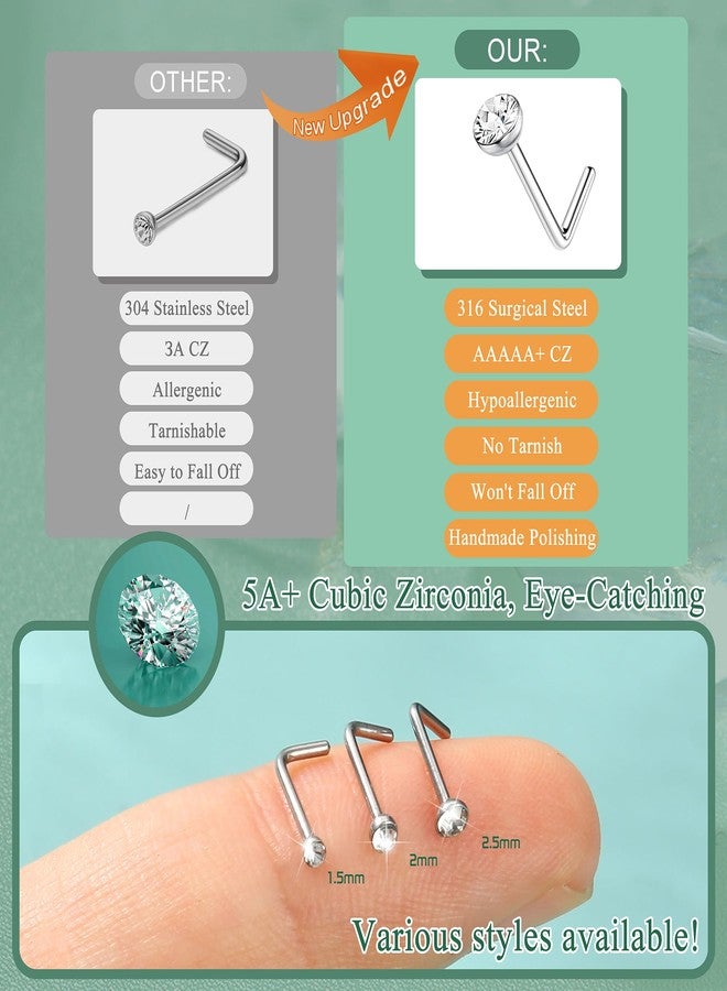 THUNARAZ 60-120pcs Stainless Steel Nose Studs Rings Piercing Pin Body Jewelry 20G-22G 1.5mm 2mm 2.5mm (H:60Pcs White CZ(1.5mm,2mm,2.5mm) 20G L Shaped) - Image 5