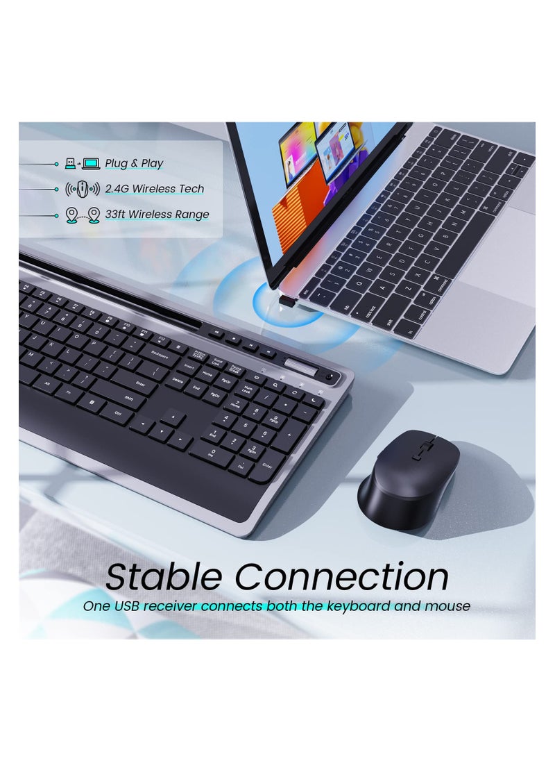 Aookay - Wireless Keyboard (No Bluetooth) and Mouse Combo, 2.4G Ergonomic Computer Keyboard and Mouse Set, Full Size Cordless USB Keyboard and Mouse Phone Holder for Mac, Laptop Tablet and Computer(Black) - Image 1