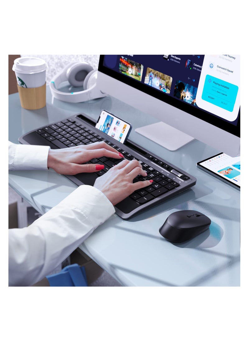 Aookay - Wireless Keyboard (No Bluetooth) and Mouse Combo, 2.4G Ergonomic Computer Keyboard and Mouse Set, Full Size Cordless USB Keyboard and Mouse Phone Holder for Mac, Laptop Tablet and Computer(Black) - Image 1