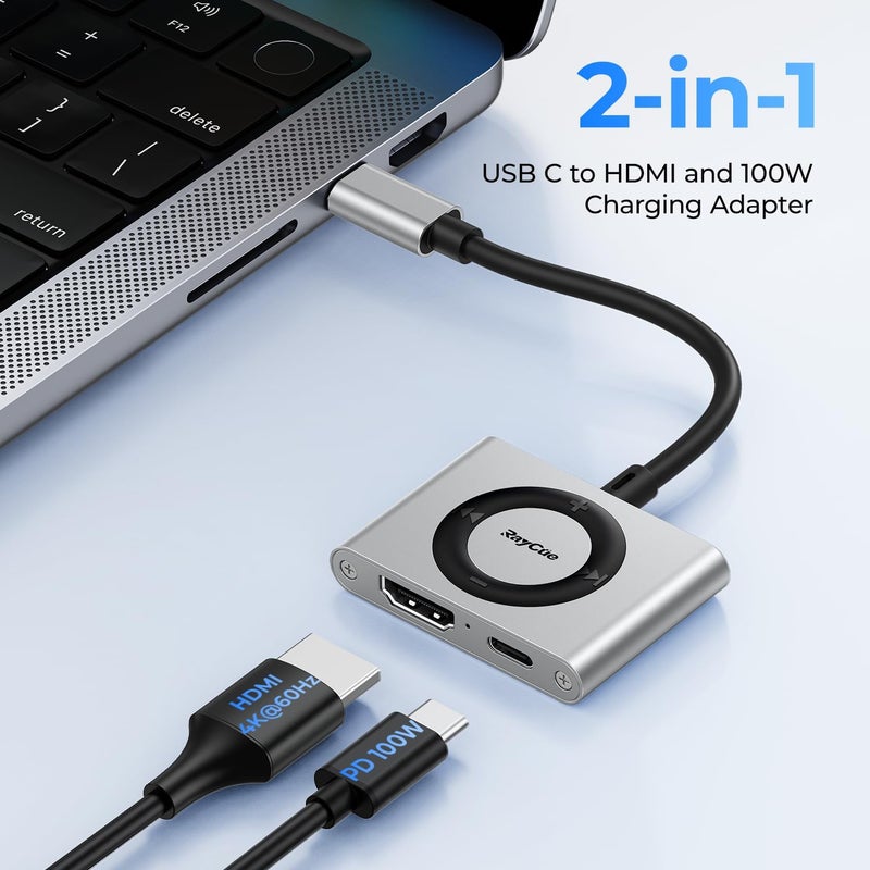 Raycue 2-in-1 USB C Hub, USB C to HDMI Adapter with HDMI 4K@60Hz & 100W PD Charging - Adapter for Laptop, MacBook, IPad (USB-C), iPhone 15/16, Tablets, Switch - Image 2