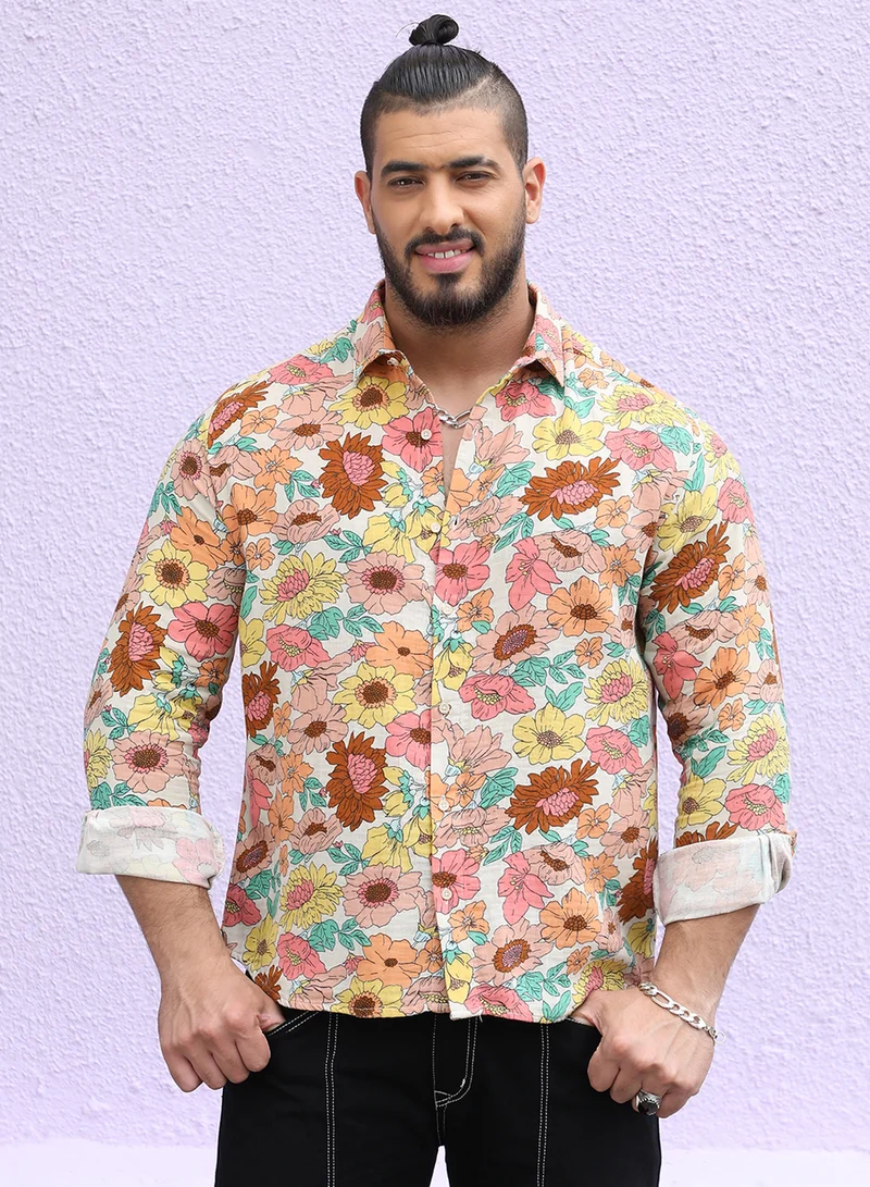 Instafab Plus Instafab Plus Men's Multicolour Floral Cluster Shirt For Casual Wear | Spread Collar | Long Sleeve | Button Closure | Cotton Shirt Crafted With Comfort Fit For Everyday Wear
