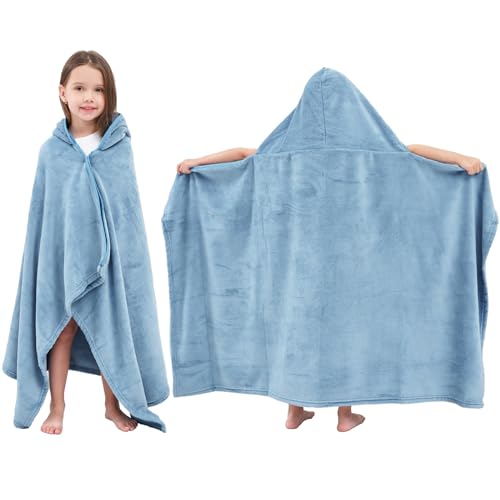 Hiturbo Kids Hooded Bath Towel: Soft Plush Pool Beach Fleece Towel Blanket - 50"x30" Toddler Towels Wrap for Boys Girls 3-12 Years (Blue) - Image 1