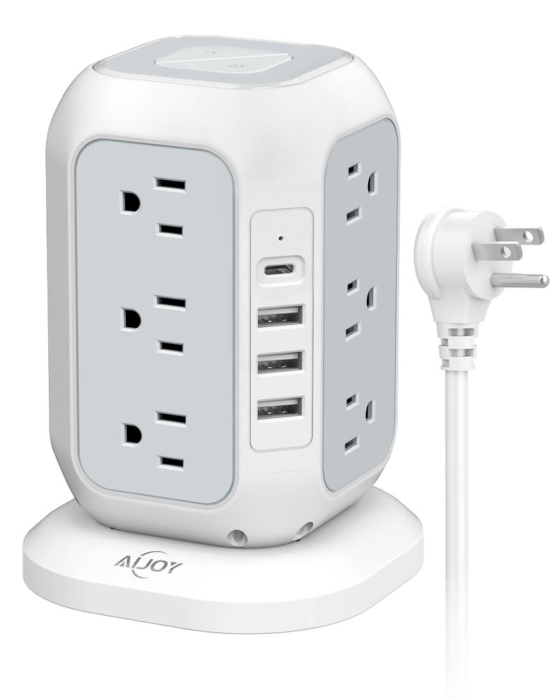 AiJoy برج شريط الطاقة USB C، AiJoy واقي من زيادة التيار مع 12 مخرج AC و 4 منافذ USB (1 USB C)، سلك تمديد بطول 10 أقدام، محطة شحن USB مع حماية من زيادة التيار، للاستخدام في المنزل أو المكتب أو السكن الجامعي - Image 1