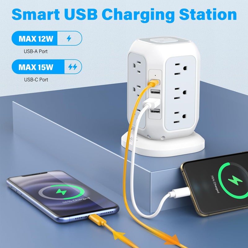 AiJoy برج شريط الطاقة USB C، AiJoy واقي من زيادة التيار مع 12 مخرج AC و 4 منافذ USB (1 USB C)، سلك تمديد بطول 10 أقدام، محطة شحن USB مع حماية من زيادة التيار، للاستخدام في المنزل أو المكتب أو السكن الجامعي - Image 3