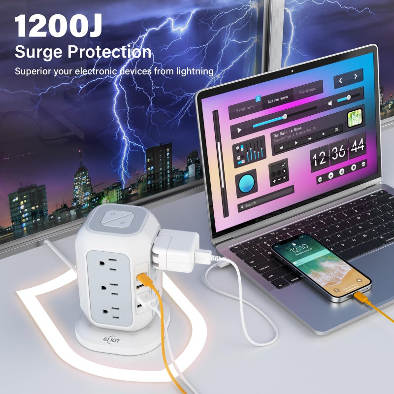 AiJoy برج شريط الطاقة USB C، AiJoy واقي من زيادة التيار مع 12 مخرج AC و 4 منافذ USB (1 USB C)، سلك تمديد بطول 10 أقدام، محطة شحن USB مع حماية من زيادة التيار، للاستخدام في المنزل أو المكتب أو السكن الجامعي - Image 4