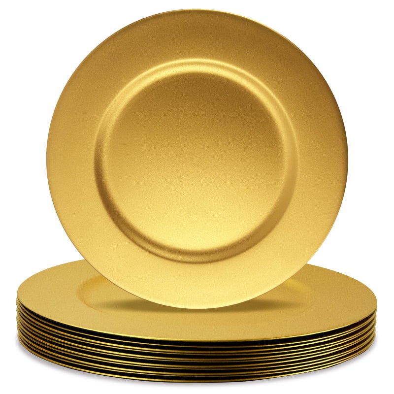 Cheardia 12 Pack Plastic Gold Charger Plates, 13 Inch Round Decorative Serving Dinner Charger Plate Bulk for Wedding, Catering, Parties, Restaurant, Home - Image 1
