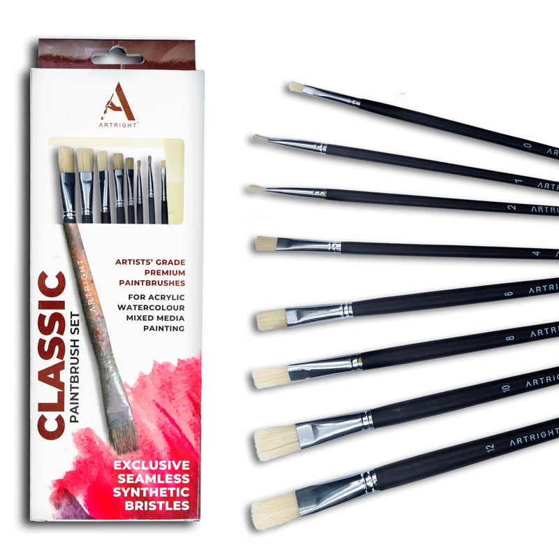 ArtRight Flat Paintbrush Set of 8 (Hog Paintbrush Set of 8) - Long Handle Artist Paintbrush Set with Natural Hair for Oil Painting & Mixed Media ; Color May Vary(Wood) - Image 5