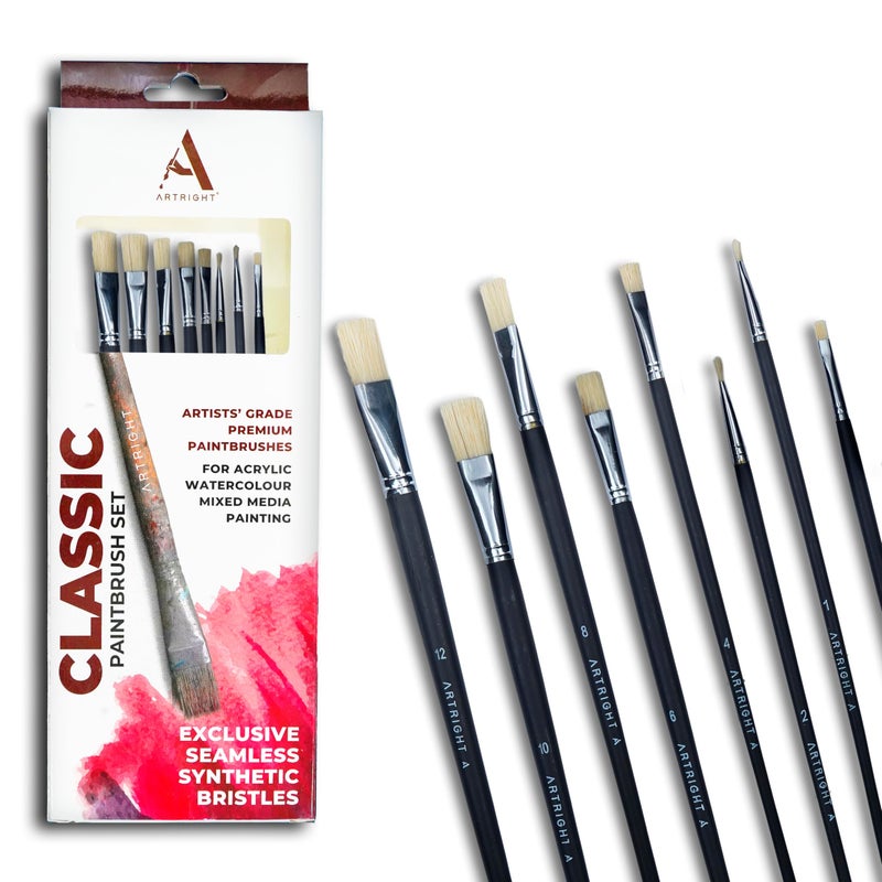 ArtRight Flat Paintbrush Set of 8 (Hog Paintbrush Set of 8) - Long Handle Artist Paintbrush Set with Natural Hair for Oil Painting & Mixed Media ; Color May Vary(Wood) - Image 1