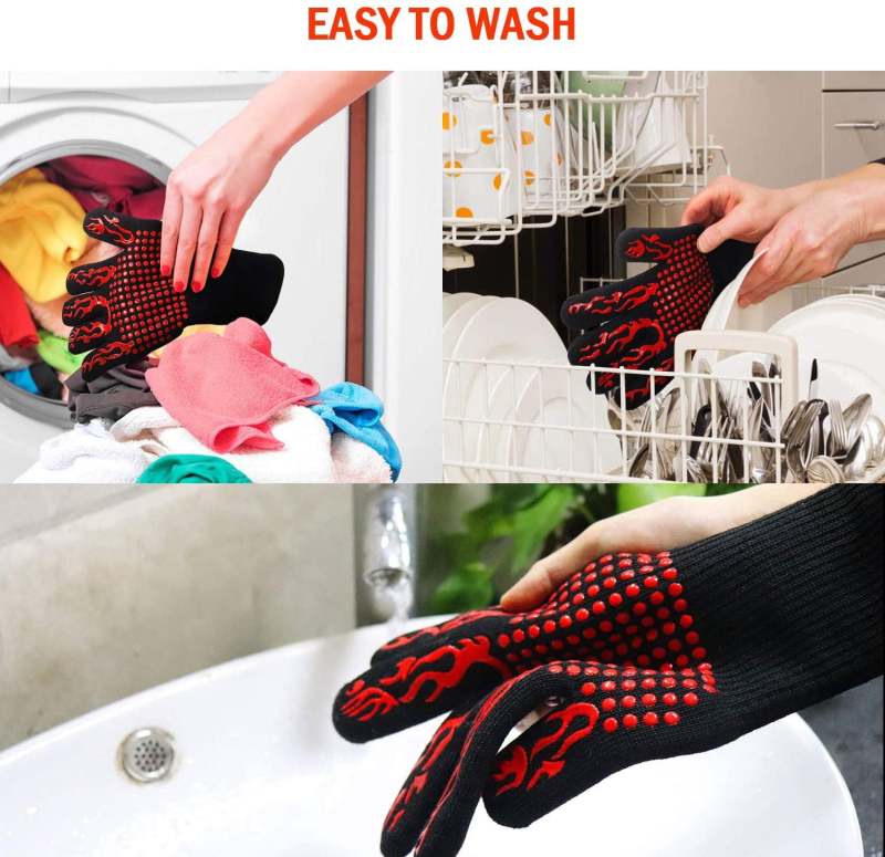 Heat Resistant Oven Gloves: 2-Color Black Red, Dual-Sided Non-Slip Silicone Grip, Soft Cotton Interior - Extended Cuff Forearm Protection, Machine Washable Silicone Oven Mitts for Kitchen Baking Grill - Image 3