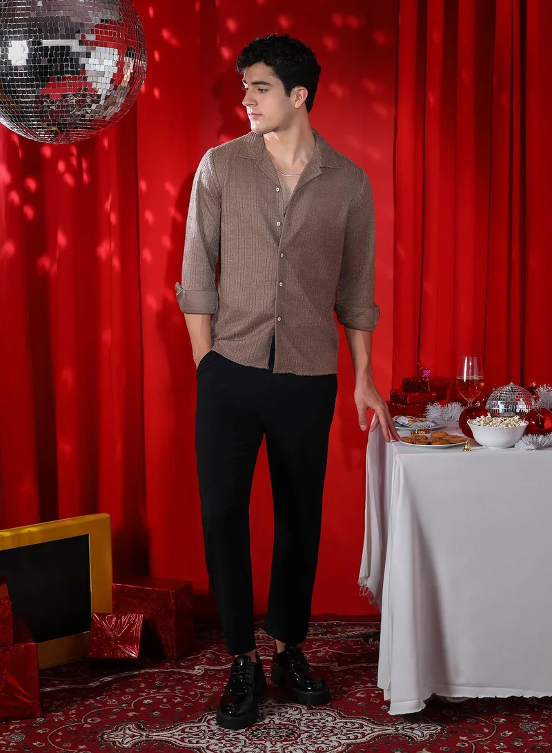 Campus Sutra  Men's Ash Brown Tactile Cuban Shirt for Men | Best Price UAE