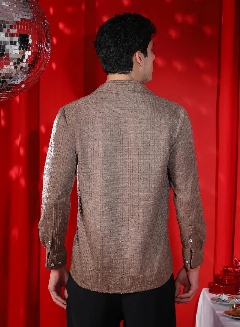 Campus Sutra  Men's Ash Brown Tactile Cuban Shirt for Men | Best Price UAE