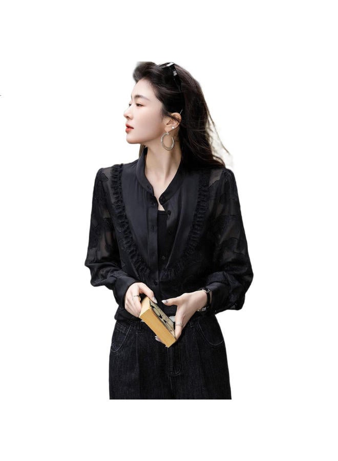 dme Demana [Workplace Attire] Spring And Autumn Chinese-Style New Chic Blouse, Basic Small Stand-Up Collar, Lace And Embroidery Shirt, Women'S Top - Image 3