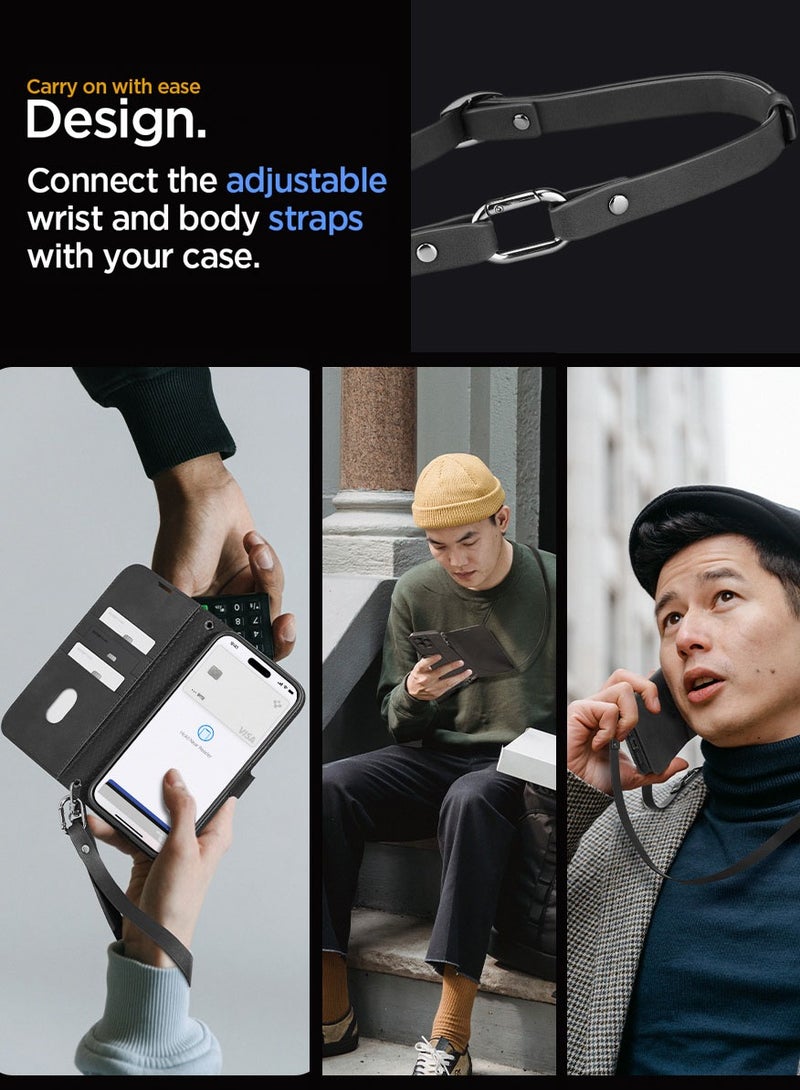 Spigen Wallet S Pro for iPhone 15 Pro Case Cover Premium Leather with Wrist Strap/Body Strap - Black - Image 4