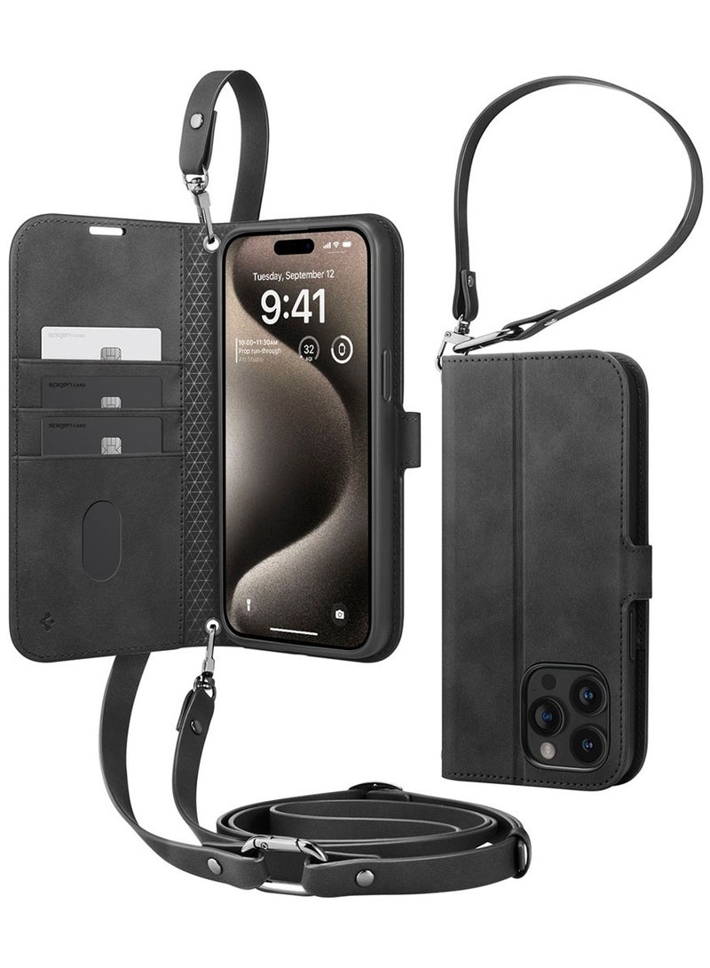 Spigen Wallet S Pro for iPhone 15 Pro Case Cover Premium Leather with Wrist Strap/Body Strap - Black - Image 1
