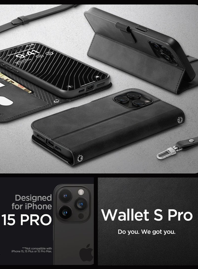 Spigen Wallet S Pro for iPhone 15 Pro Case Cover Premium Leather with Wrist Strap/Body Strap - Black - Image 2