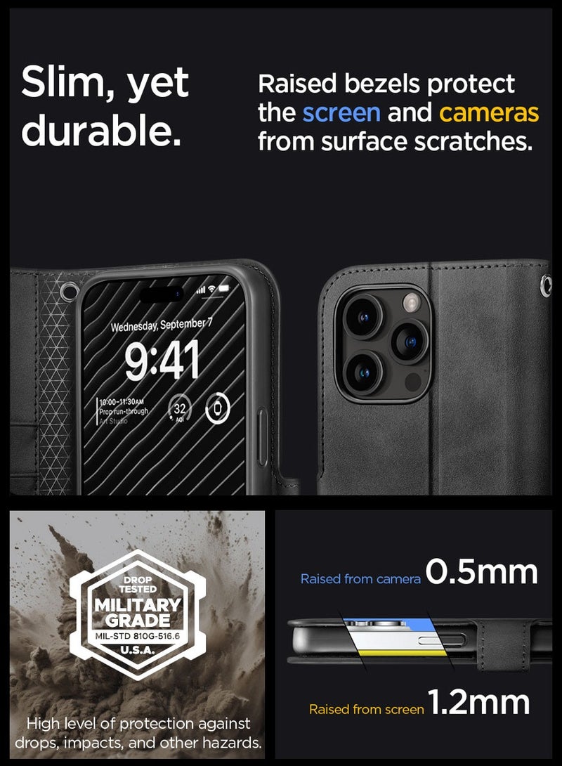 Spigen Wallet S Pro for iPhone 15 Pro Case Cover Premium Leather with Wrist Strap/Body Strap - Black - Image 5