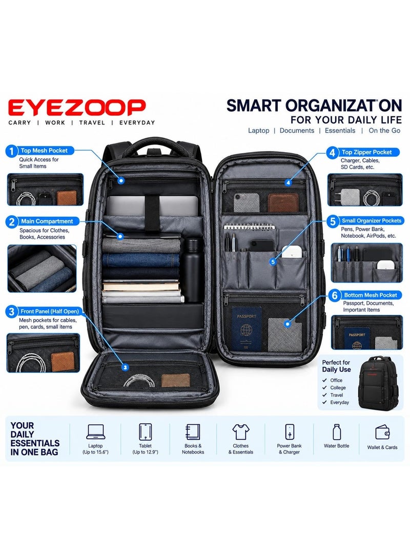 EYEZOOP Travel Laptop Backpack for Men and Women - Large Capacity Business Daypack with Multi-Compartment Storage, Breathable Air-System Back Support, Water-Resistant Design, Side Buckles & Padded Laptop Sleeve for College, Work & Flight Travel Black - Image 5