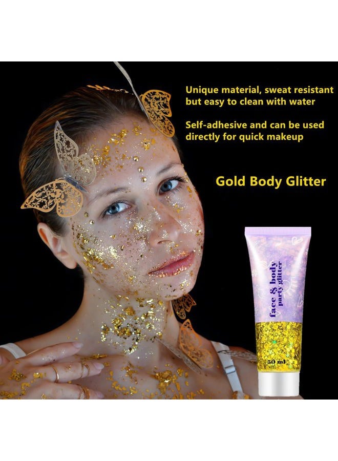 Go Ho Gold Face Body Glitter,Mardi Gras Glitter Makeup Gold Face Paint,Holographic Chunky Sequins Glitters for Eye Lip Hair Nails,Festival Rave Accessories,52g - Image 3