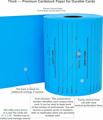 Tacticai 500 Raffle Tickets, Blue (1 of 3 Colors), Raffle Cards, Entry Form with Name, Phone, Email & Address for Events & Prizes - Image 2