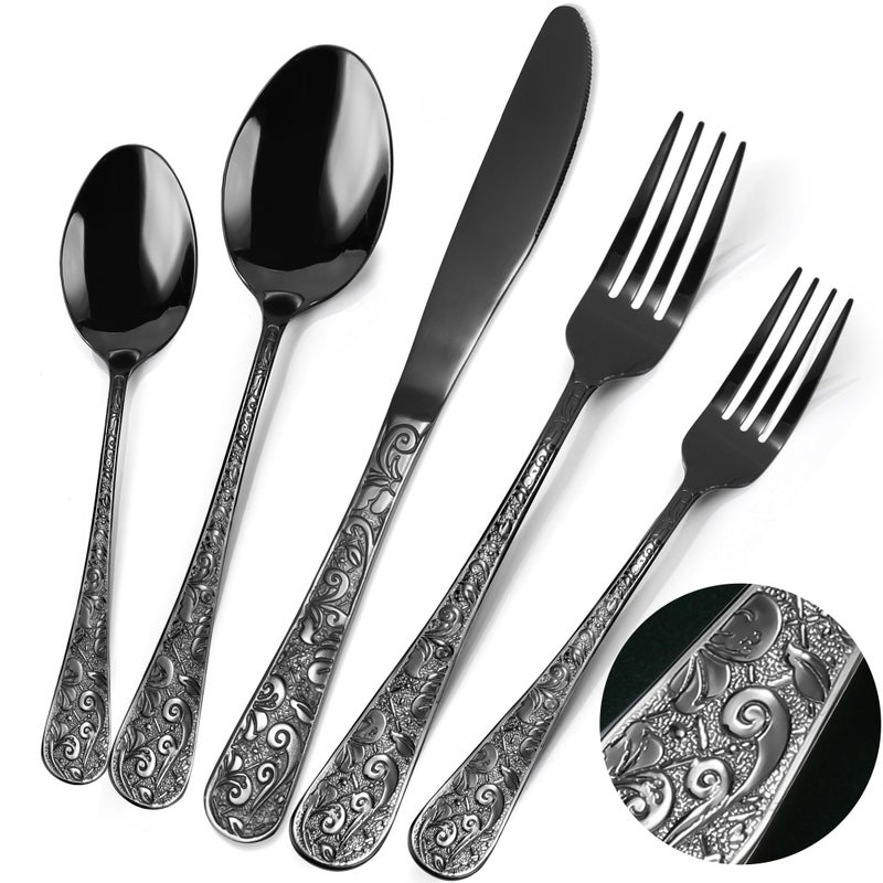 Meythway 40-Piece Vintage Carved Black Silverware Set for 8, Stainless Steel Flatware Set with Knife/Fork/Spoon, Cutlery Set for Home and Kitchen, Utensil Set with Dishwasher Safe - Image 1