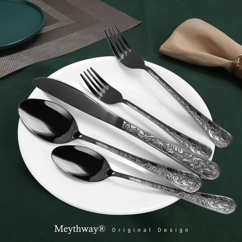 Meythway 40-Piece Vintage Carved Black Silverware Set for 8, Stainless Steel Flatware Set with Knife/Fork/Spoon, Cutlery Set for Home and Kitchen, Utensil Set with Dishwasher Safe - Image 2