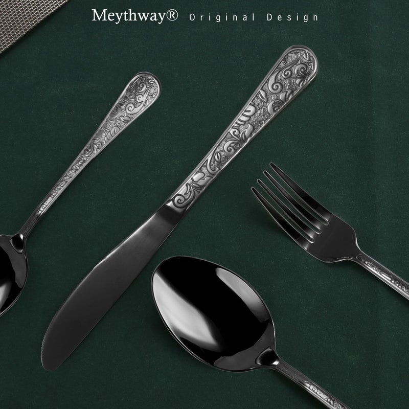 Meythway 40-Piece Vintage Carved Black Silverware Set for 8, Stainless Steel Flatware Set with Knife/Fork/Spoon, Cutlery Set for Home and Kitchen, Utensil Set with Dishwasher Safe - Image 5