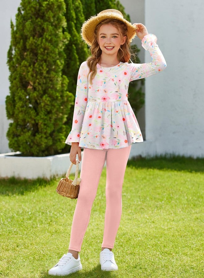 Arshiner Girls Outfit 2 Pcs Set with Pink Floral Print Ruffle Top and Leggings Clothes for Girls 2-10 - Image 3