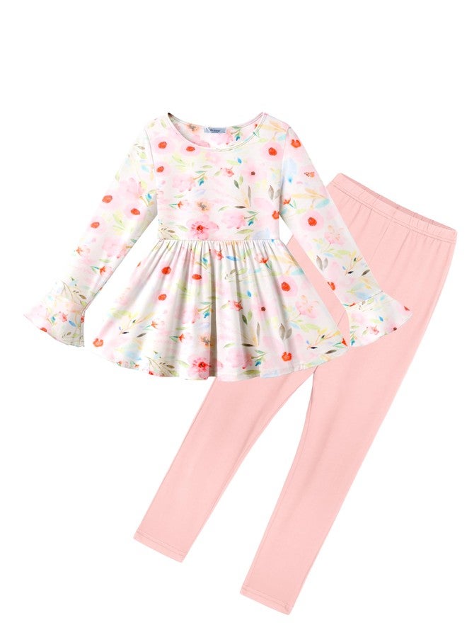 Arshiner Girls Outfit 2 Pcs Set with Pink Floral Print Ruffle Top and Leggings Clothes for Girls 2-10 - Image 1
