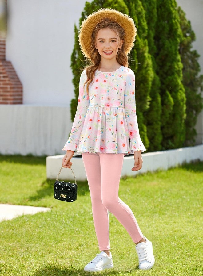 Arshiner Girls Outfit 2 Pcs Set with Pink Floral Print Ruffle Top and Leggings Clothes for Girls 2-10 - Image 4