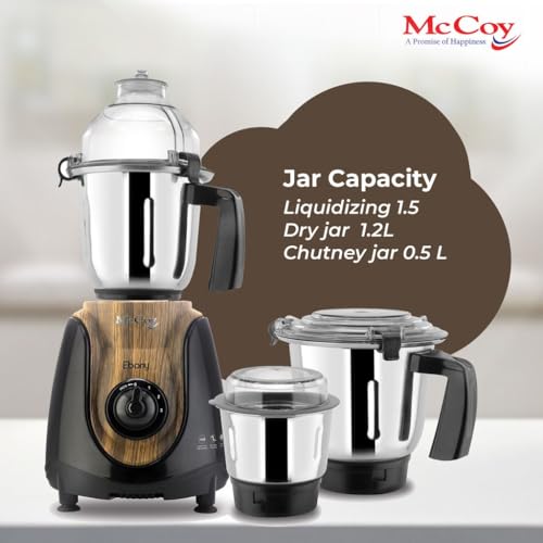 McCoy Mixer Grinder - Ebony BLK, 750W, 3 Jars, Stainless Steel Blades, Overload Protection, Multi-Functional for Grinding & Blending - Image 3