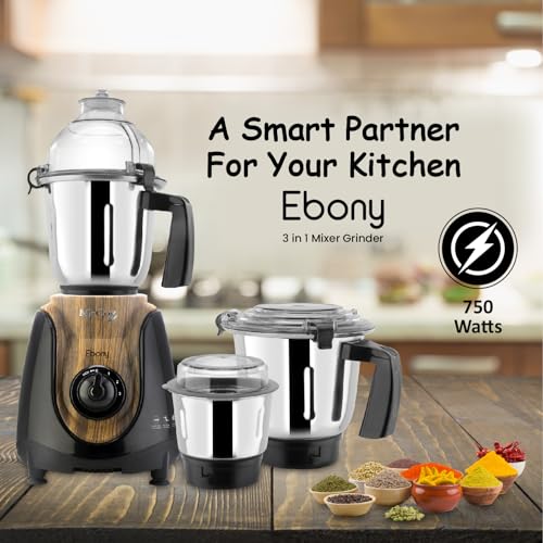McCoy Mixer Grinder - Ebony BLK, 750W, 3 Jars, Stainless Steel Blades, Overload Protection, Multi-Functional for Grinding & Blending - Image 4